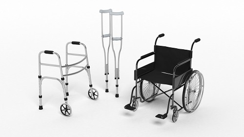 Group of medical equipment, wheelchair, rolling walker, bilateral axillary crutches