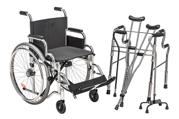 group of mobility equipment including a wheelchair, rolling walker, bilateral axillary crutches, quad cane.