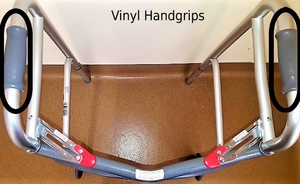 Top view of a 2-wheeled rolling walker showing the vinyl handgrips. Rolling Walker vs. Rollator