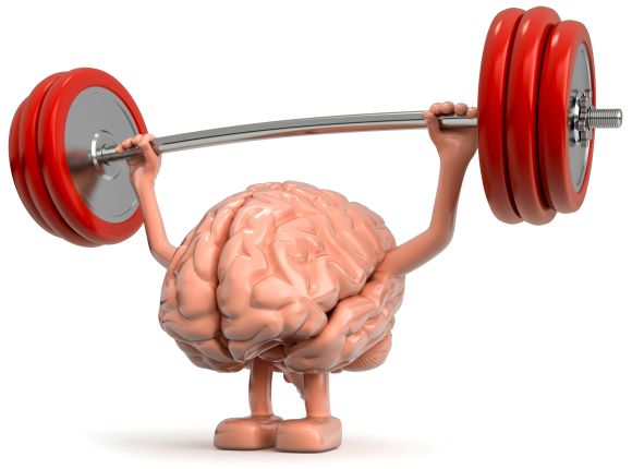 A picture of a brain holding weights over his head, demonstrating the importance of exercise on the cognitive function older adults, among older persons