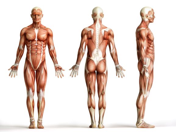 Front, side, and back views of a man standing in anatomical position displaying the muscular system of the body. 